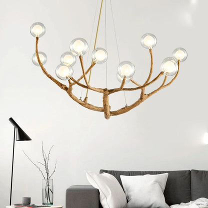 Branch Chandelier – Natural Wood and Glass Pendant Light