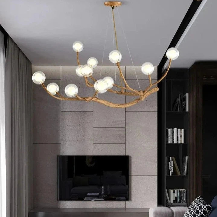 Branch Chandelier – Natural Wood and Glass Pendant Light