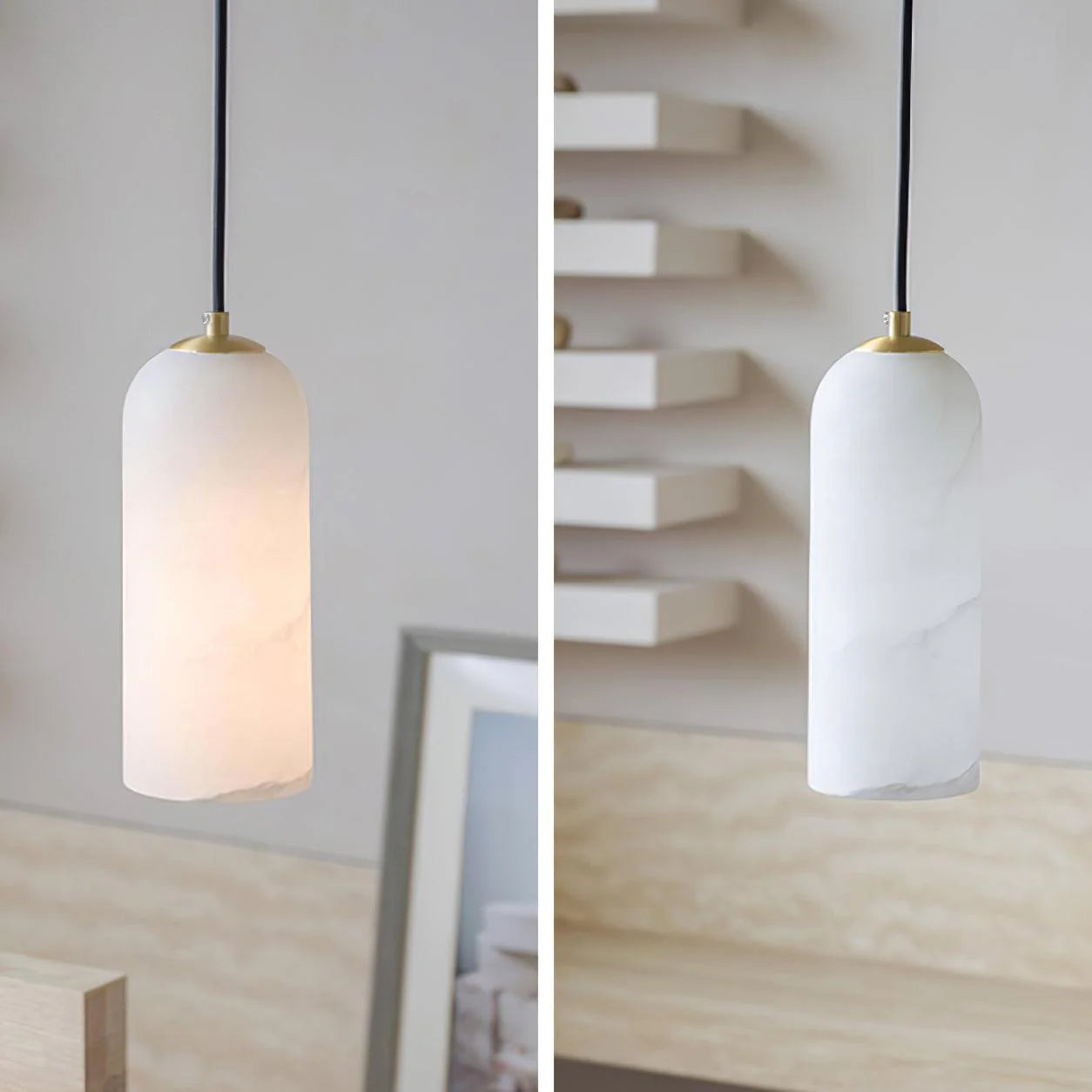 Jade Minimalist Metal & Alabaster Pendant Light – Brass Finish