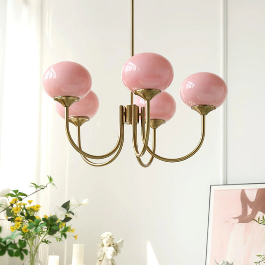 Modern Brass Ceiling Light with Pink Glass Shades