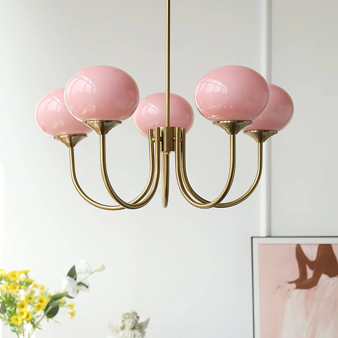 Modern Brass Ceiling Light with Pink Glass Shades