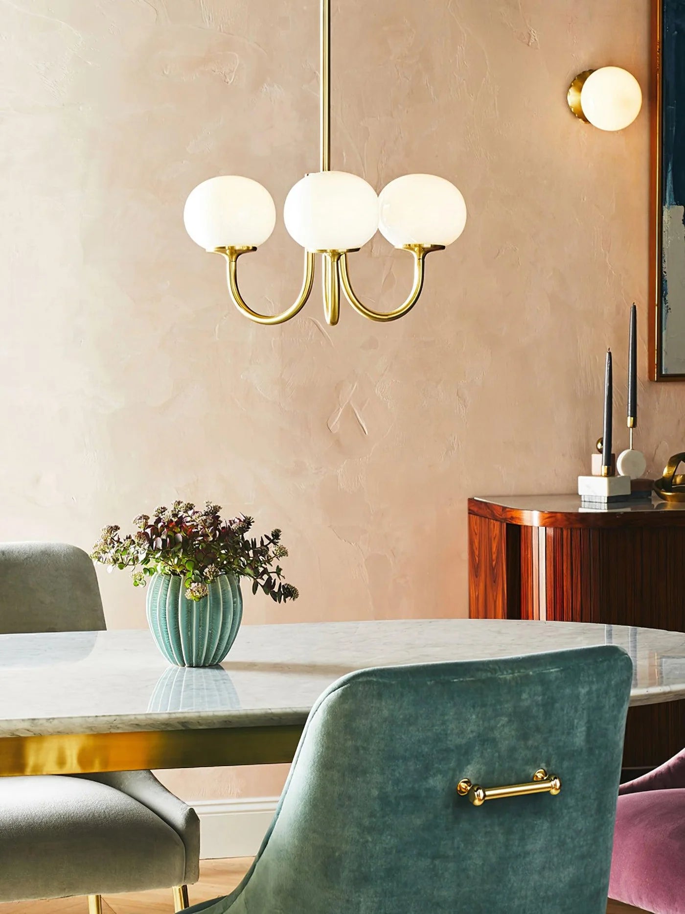 Modern Brass Ceiling Light with Pink Glass Shades