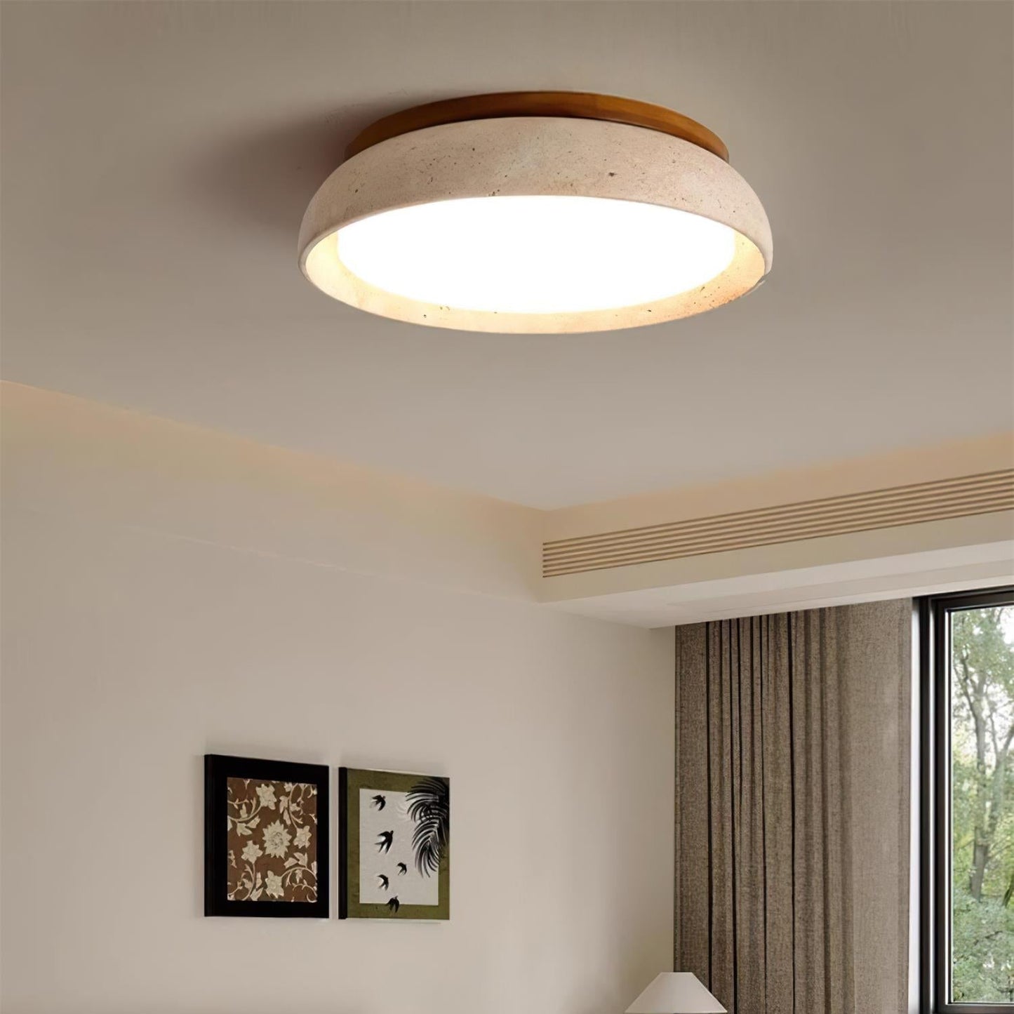 Natural Stone Travertine Ceiling Light With Wooden Base