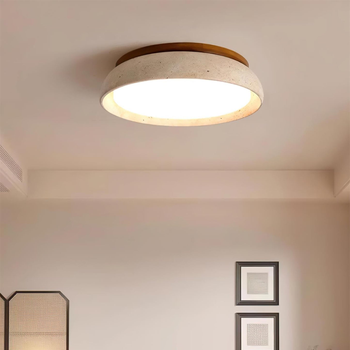 Natural Stone Travertine Ceiling Light With Wooden Base