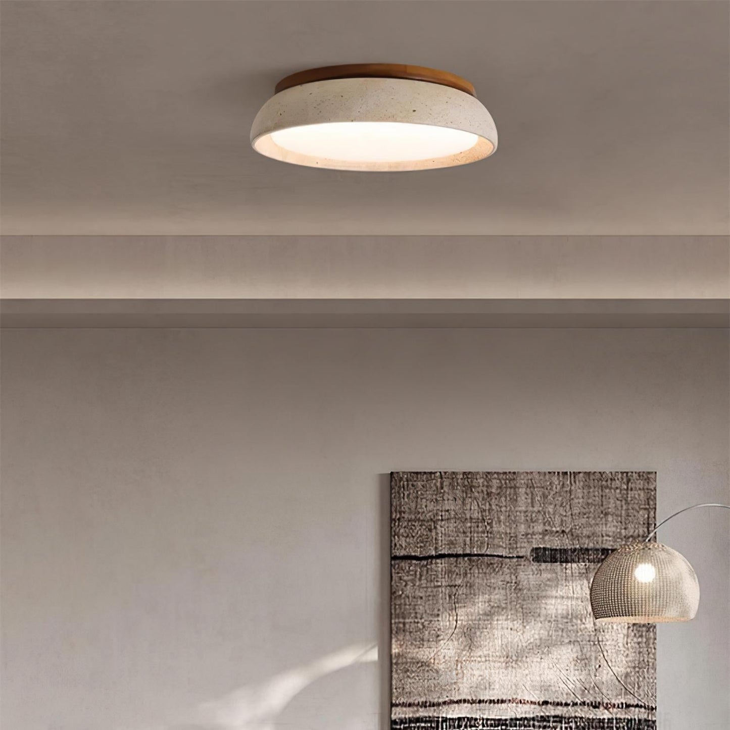 Natural Stone Travertine Ceiling Light With Wooden Base