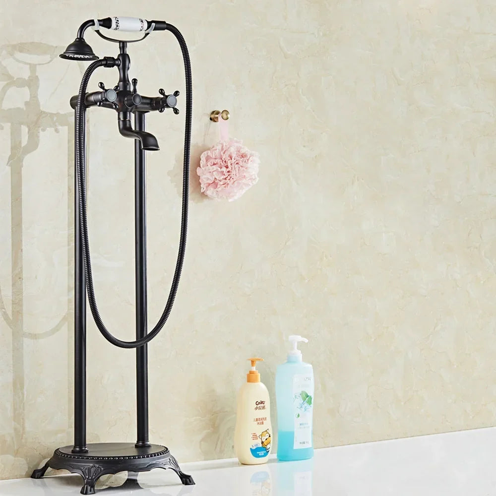 Antique Brass Floor Mounted Standing Bathtub Faucet Shower Mixer Set-Shower Faucet-Index Bath-Antique- A-Index Bath