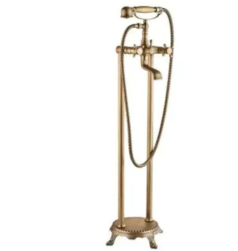 Antique Brass Floor Mounted Standing Bathtub Faucet Shower Mixer Set-Shower Faucet-Index Bath-Antique- D-Index Bath