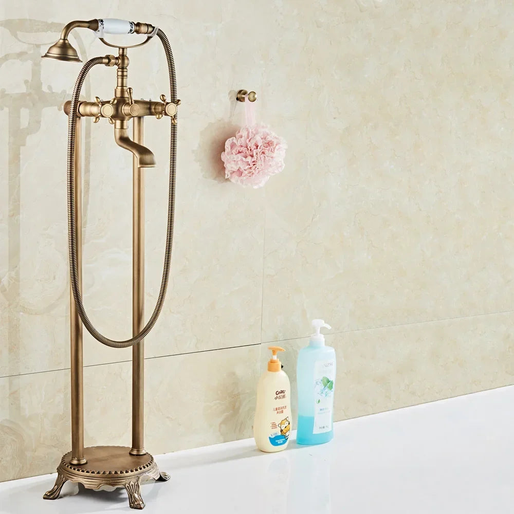 Antique Brass Floor Mounted Standing Bathtub Faucet Shower Mixer Set-Shower Faucet-Index Bath-Antique- A-Index Bath