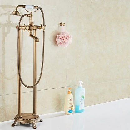 Antique Brass Floor Mounted Standing Bathtub Faucet Shower Mixer Set-Shower Faucet-Index Bath-Antique- A-Index Bath