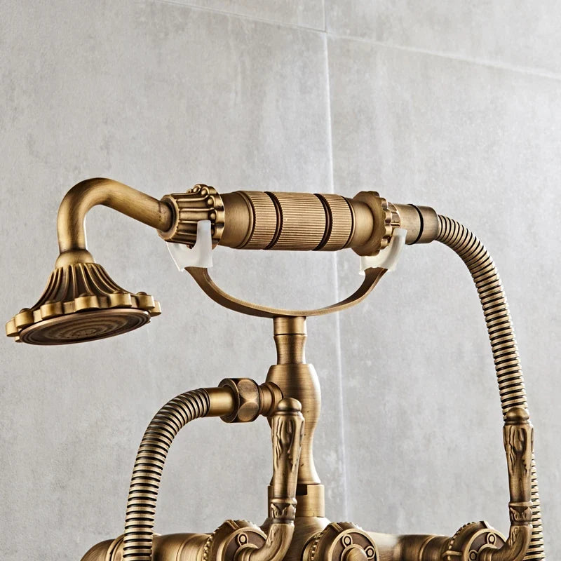 Antique Brass Floor Mounted Standing Bathtub Faucet Shower Mixer Set-Shower Faucet-Index Bath-Antique- A-Index Bath