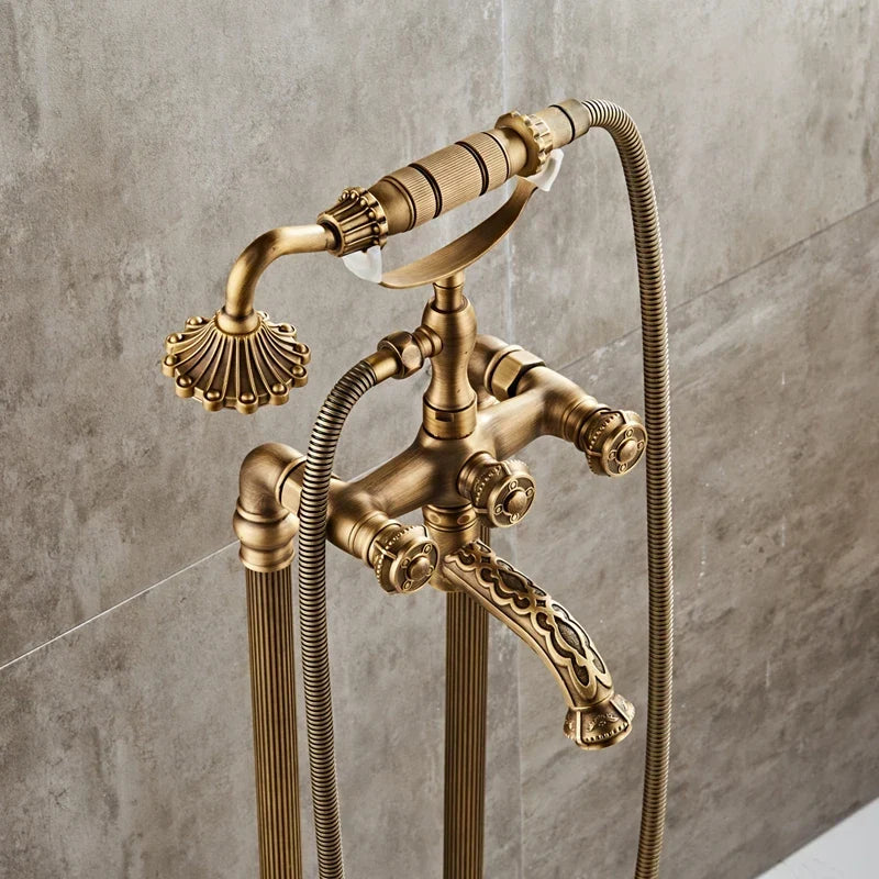 Antique Brass Floor Mounted Standing Bathtub Faucet Shower Mixer Set-Shower Faucet-Index Bath-Antique- A-Index Bath