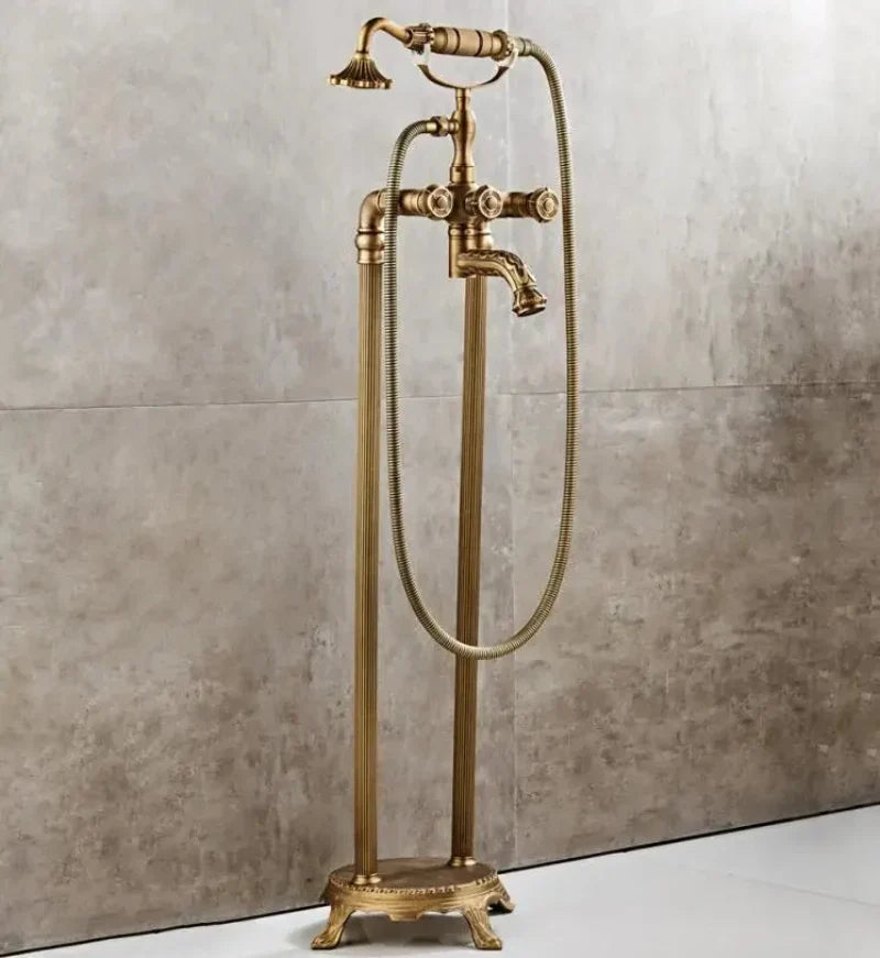Antique Brass Floor Mounted Standing Bathtub Faucet Shower Mixer Set-Shower Faucet-Index Bath-Antique- A-Index Bath