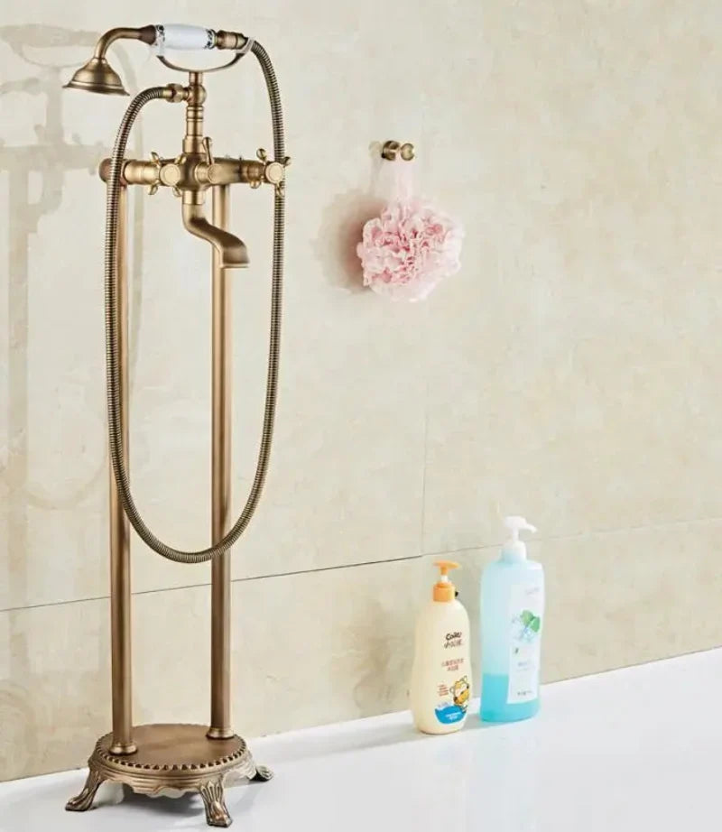 Antique Brass Floor Mounted Standing Bathtub Faucet Shower Mixer Set-Shower Faucet-Index Bath-Antique- B-Index Bath