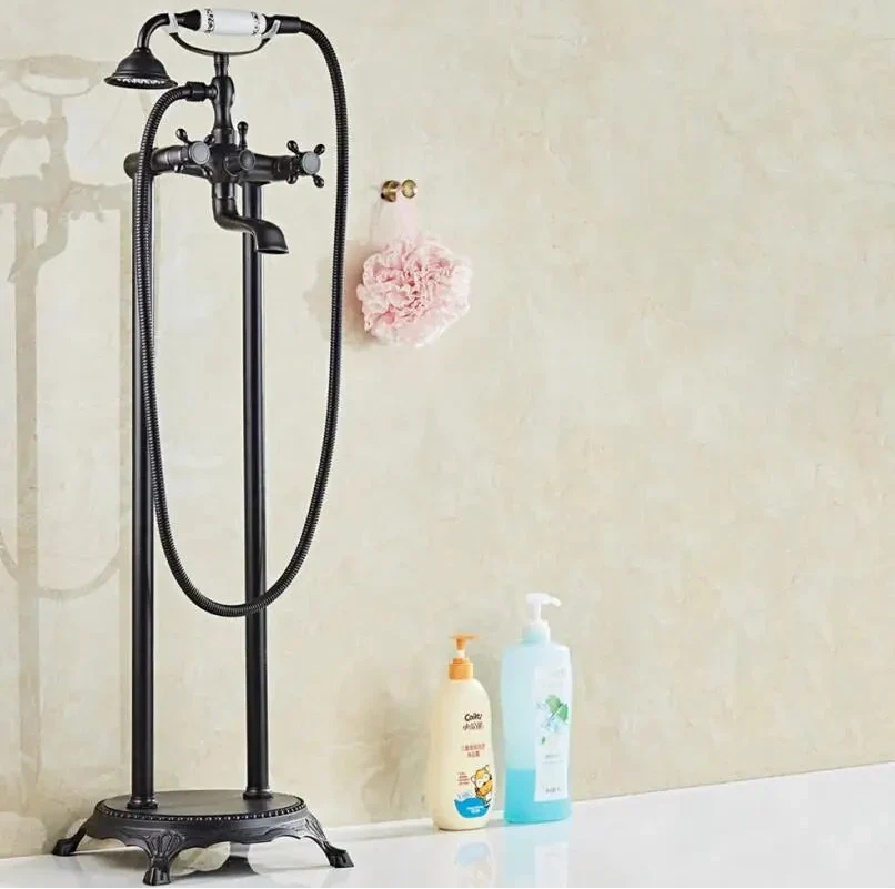 Antique Brass Floor Mounted Standing Bathtub Faucet Shower Mixer Set-Shower Faucet-Index Bath-Black- A-Index Bath