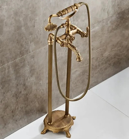 Antique Brass Floor Mounted Standing Bathtub Faucet Shower Mixer Set-Shower Faucet-Index Bath-Antique- C-Index Bath