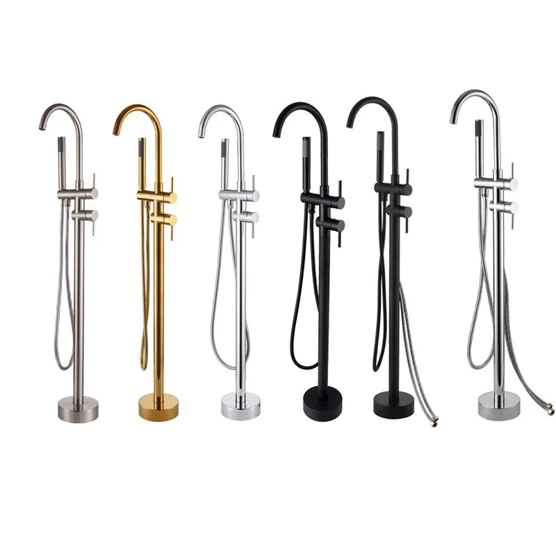 Antique Brass Floor Standing Bathtub Filler with Hand Shower Faucet