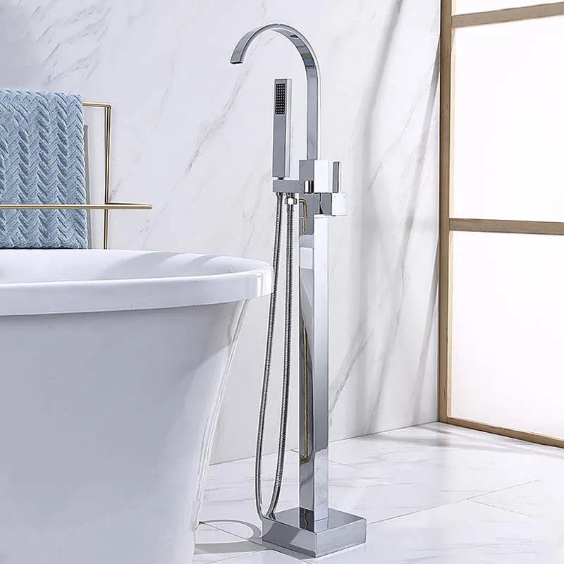 Antique Brass Floor Standing Bathtub Filler with Hand Shower Faucet