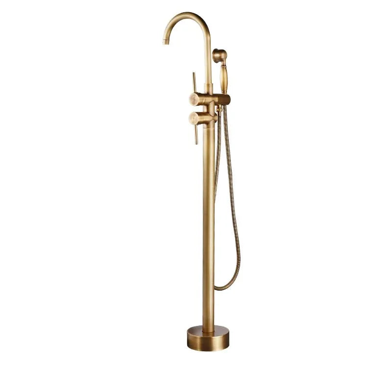Antique Brass Floor Standing Bathtub Filler with Hand Shower Faucet