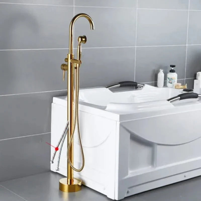 Antique Brass Floor Standing Bathtub Filler with Hand Shower Faucet
