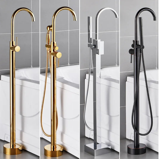 Antique Brass Floor Standing Bathtub Filler with Hand Shower Faucet