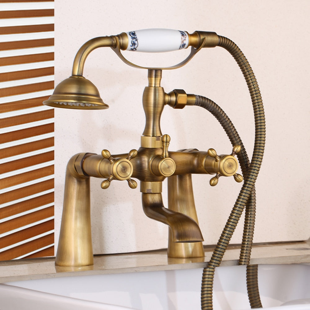 Shower Faucet - Antique Brass Golden Bathtub Shower Faucets Set Dual Knobs Mixer Tap