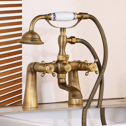 Shower Faucet - Antique Brass Golden Bathtub Shower Faucets Set Dual Knobs Mixer Tap