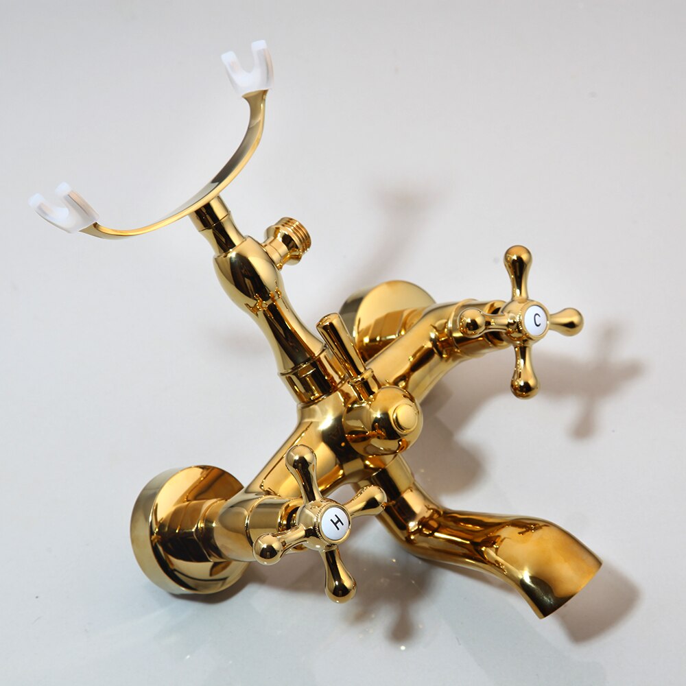 Shower Faucet - Antique Brass Golden Bathtub Shower Faucets Set Dual Knobs Mixer Tap
