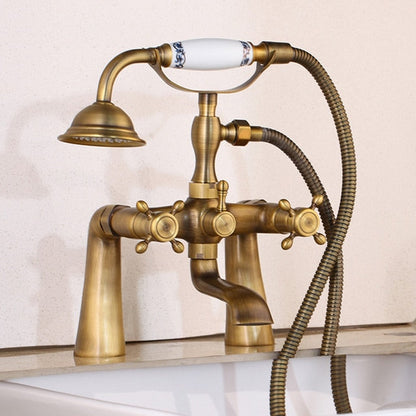 Shower Faucet - Antique Brass Golden Bathtub Shower Faucets Set Dual Knobs Mixer Tap