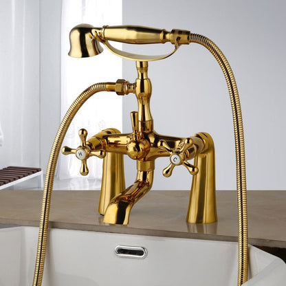 Shower Faucet - Antique Brass Golden Bathtub Shower Faucets Set Dual Knobs Mixer Tap