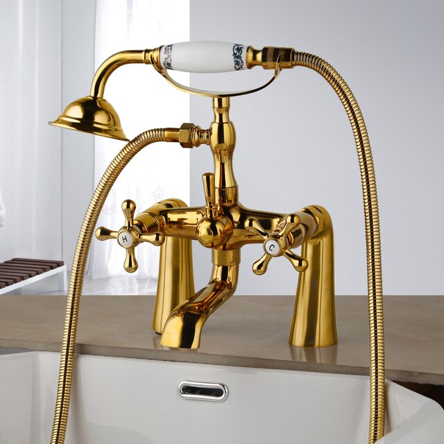Shower Faucet - Antique Brass Golden Bathtub Shower Faucets Set Dual Knobs Mixer Tap