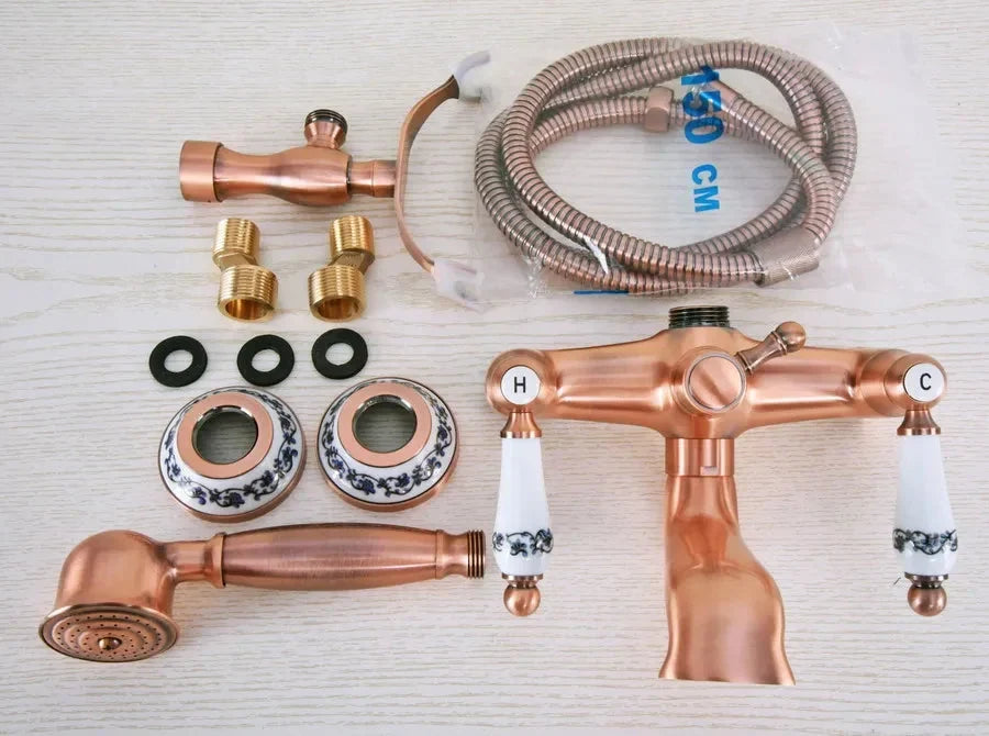 Antique Red Copper Brass Wall Mounted Bathroom Tub Faucet Mixer Tap-Shower Faucet-Index Bath