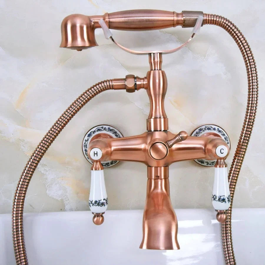 Antique Red Copper Brass Wall Mounted Bathroom Tub Faucet Mixer Tap-Shower Faucet-Index Bath
