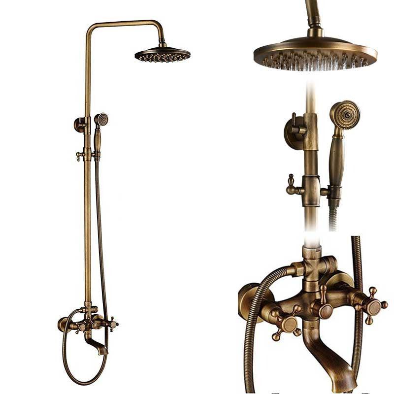 Brass Antique Wall Mount Shower Faucet Set, Shower And Tub Faucet Sets-Shower Faucet-Index Bath
