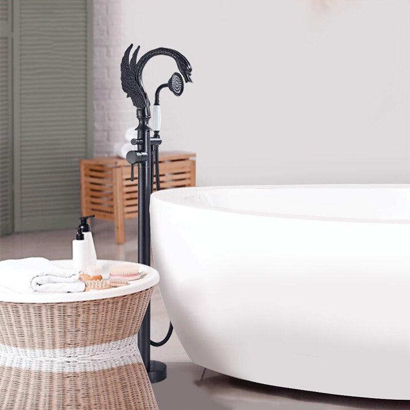 Basin Faucet - Brass Swan-shaped Bathtub Faucet Floor Standing Hot And Cold Water Mixer Tap In 4 Colors