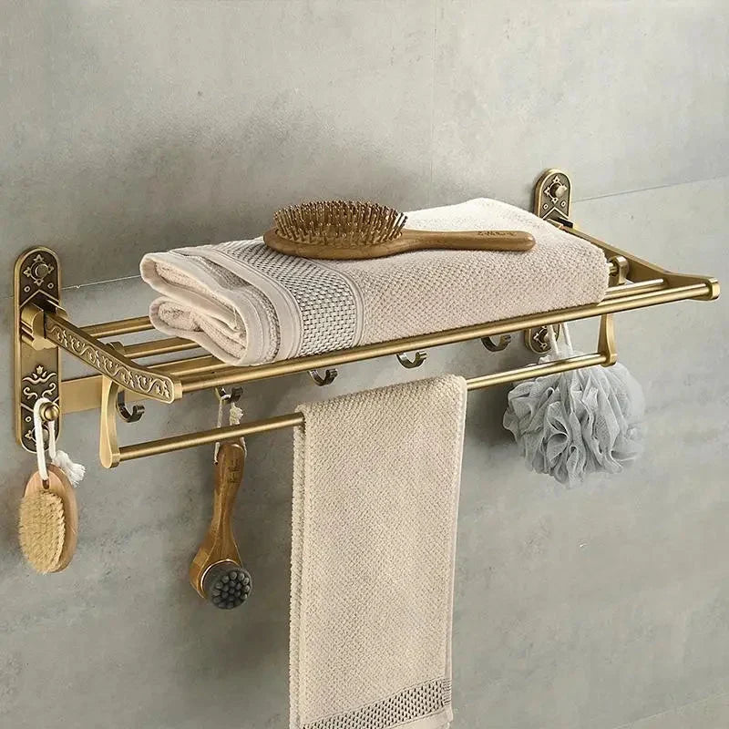 Foldable Antique Brass Bath Towel Rack Double Towel Shelf With Hooks-Towel Bars & Hooks-Index Bath-Index Bath