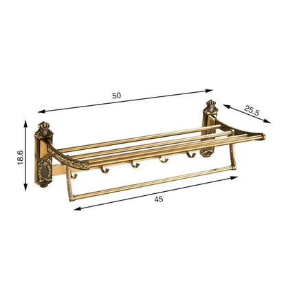Foldable Antique Brass Bath Towel Rack Double Towel Shelf With Hooks-Towel Bars & Hooks-Index Bath-Index Bath