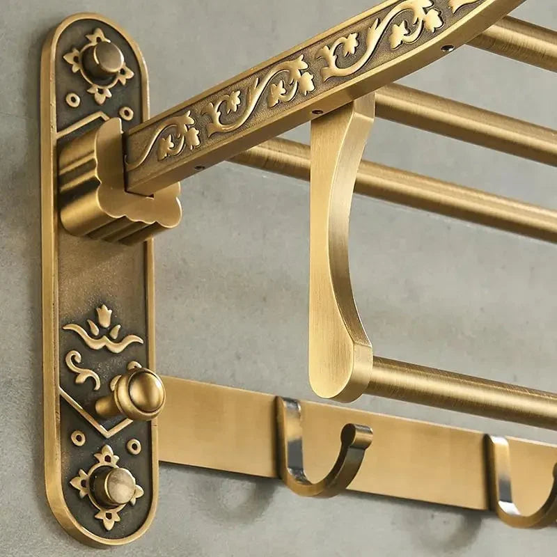 Foldable Antique Brass Bath Towel Rack Double Towel Shelf With Hooks-Towel Bars & Hooks-Index Bath-Index Bath