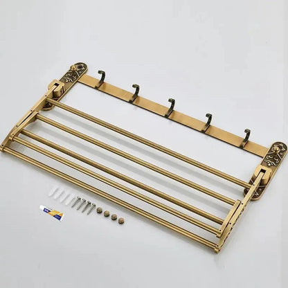 Foldable Antique Brass Bath Towel Rack Double Towel Shelf With Hooks-Towel Bars & Hooks-Index Bath-Index Bath