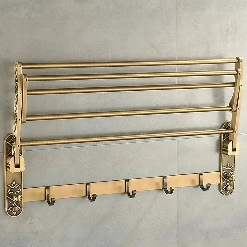 Foldable Antique Brass Bath Towel Rack Double Towel Shelf With Hooks-Towel Bars & Hooks-Index Bath-Index Bath