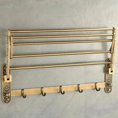 Foldable Antique Brass Bath Towel Rack Double Towel Shelf With Hooks-Towel Bars & Hooks-Index Bath-Index Bath