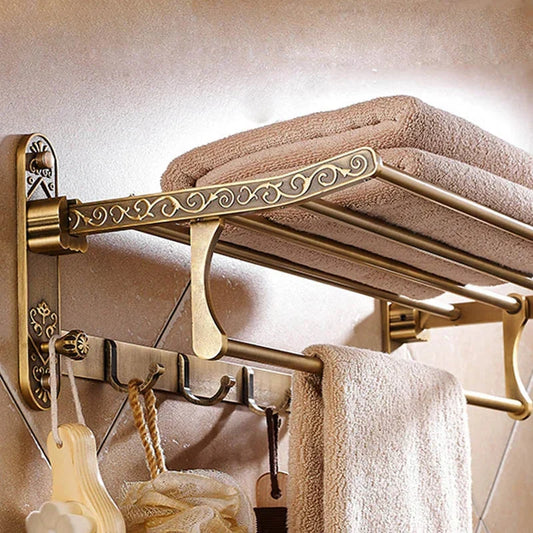 Foldable Antique Brass Bath Towel Rack Double Towel Shelf With Hooks-Towel Bars & Hooks-Index Bath-Index Bath