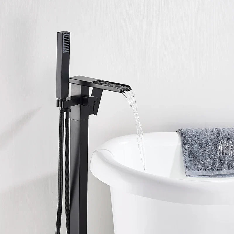 Freestanding Bathtub Faucet Waterfall Tub Filler Matte Black Floor Standing Bathroom Tub Faucet with 2 Function Hand Shower Tap-Index Bath