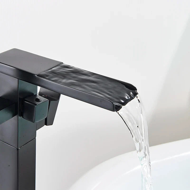 Freestanding Bathtub Faucet Waterfall Tub Filler Matte Black Floor Standing Bathroom Tub Faucet with 2 Function Hand Shower Tap-Index Bath