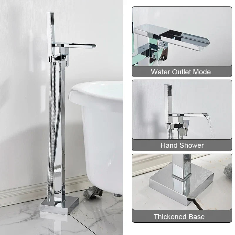 Freestanding Bathtub Faucet Waterfall Tub Filler Matte Black Floor Standing Bathroom Tub Faucet with 2 Function Hand Shower Tap-Index Bath