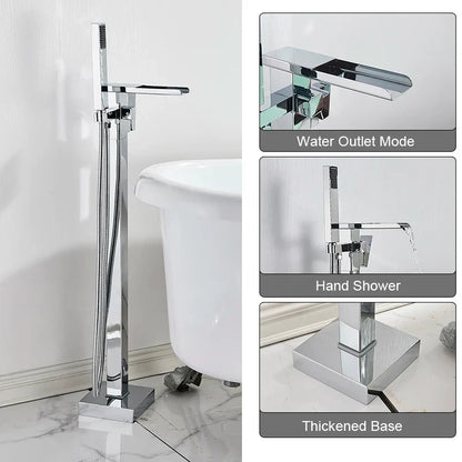 Freestanding Bathtub Faucet Waterfall Tub Filler Matte Black Floor Standing Bathroom Tub Faucet with 2 Function Hand Shower Tap-Index Bath