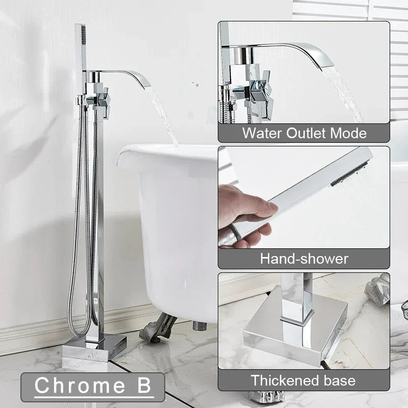 Freestanding Bathtub Faucet Waterfall Tub Filler Matte Black Floor Standing Bathroom Tub Faucet with 2 Function Hand Shower Tap-Index Bath