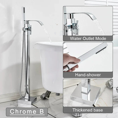 Freestanding Bathtub Faucet Waterfall Tub Filler Matte Black Floor Standing Bathroom Tub Faucet with 2 Function Hand Shower Tap-Index Bath