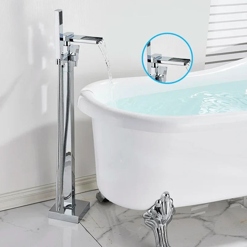 Freestanding Bathtub Faucet Waterfall Tub Filler Matte Black Floor Standing Bathroom Tub Faucet with 2 Function Hand Shower Tap-Index Bath