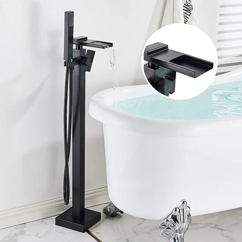 Freestanding Bathtub Faucet Waterfall Tub Filler Matte Black Floor Standing Bathroom Tub Faucet with 2 Function Hand Shower Tap-Index Bath