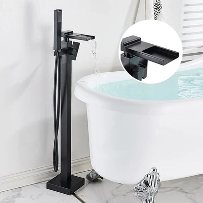 Freestanding Bathtub Faucet Waterfall Tub Filler Matte Black Floor Standing Bathroom Tub Faucet with 2 Function Hand Shower Tap-Index Bath